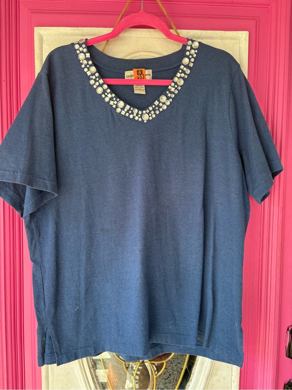 Cathy Daniels Navy Short-Sleeve Tee with Jeweled V-Neck
